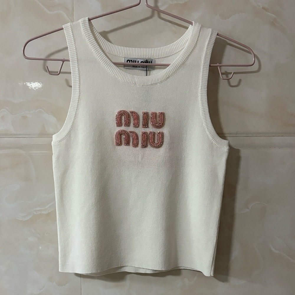 Miu Miu Cream Tank Top with Pink Embroidered Logo